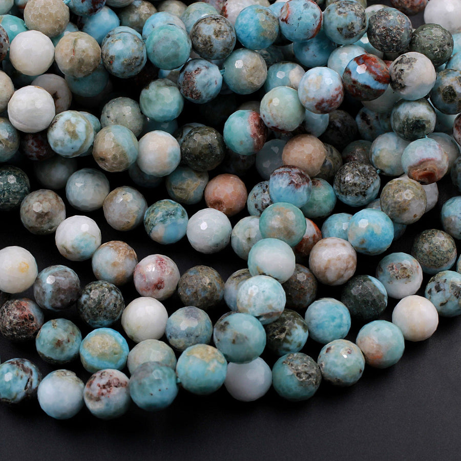 Natural Larimar Faceted 10mm Round Beads Genuine Natural Blue Larimar Red Iron Matrix Gemstone 16" Strand