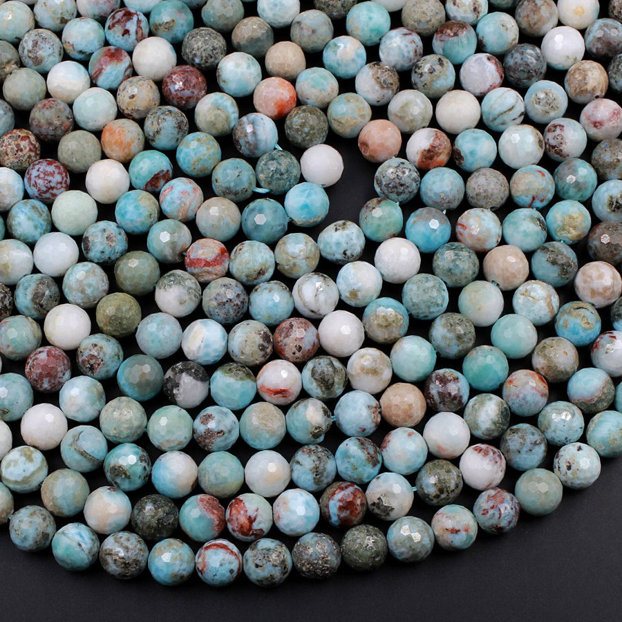 Natural Larimar Faceted 10mm Round Beads Genuine Natural Blue Larimar Red Iron Matrix Gemstone 16" Strand