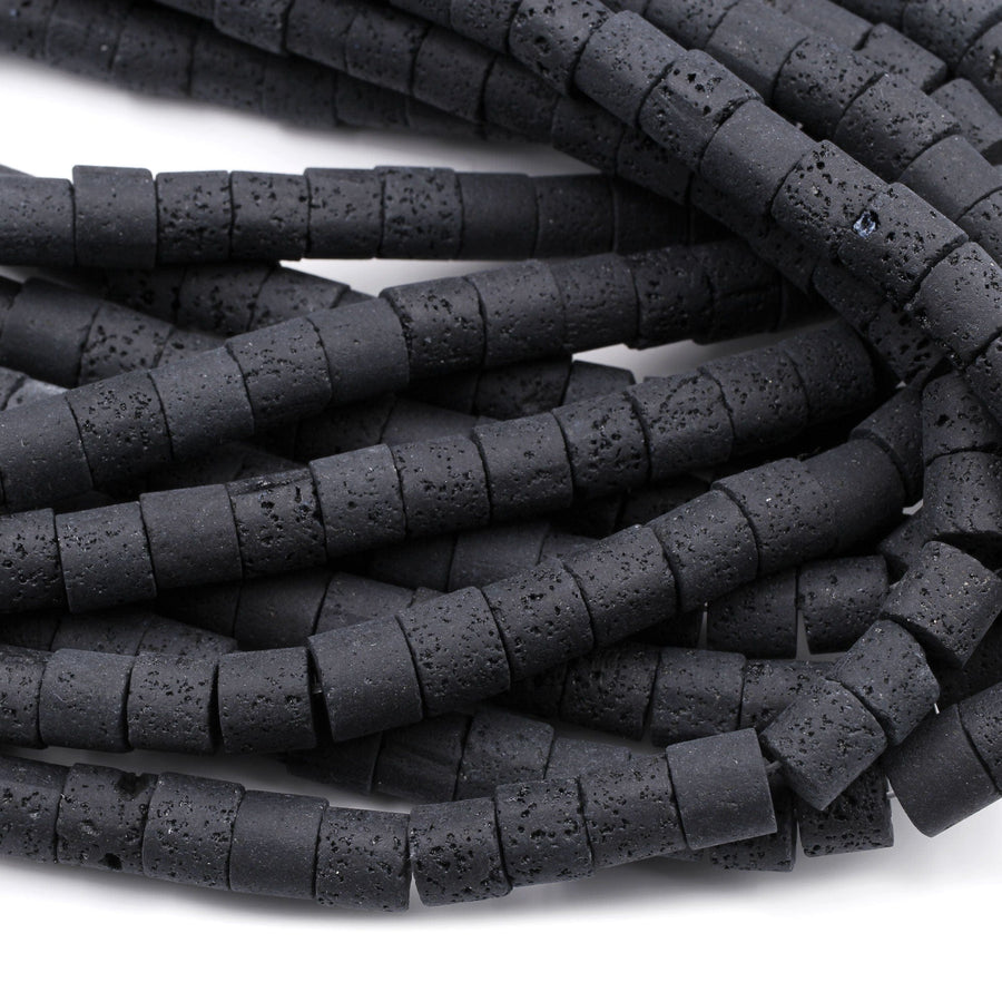 Large Lava Tube Cylinder Beads Raw Rough Porous Natural Black Lava Stone Organic Earthy Stone 16" Strand