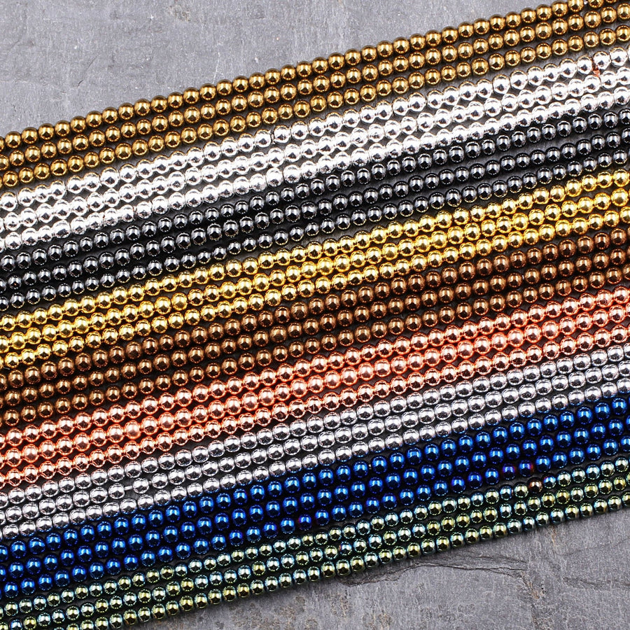 2mm Hematite Round Beads Metallic Titanium Shiny Silver Gold Blue Bronze Green Rose Gold Gunmetal Rhodium Black Beads 15.5" Strand