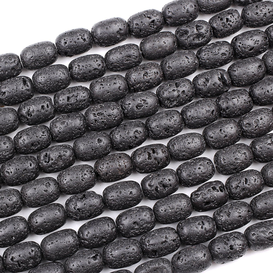 Natural Black Lava Barrel Drum Beads High Quality Essential Oil Beads 15.5" Strand