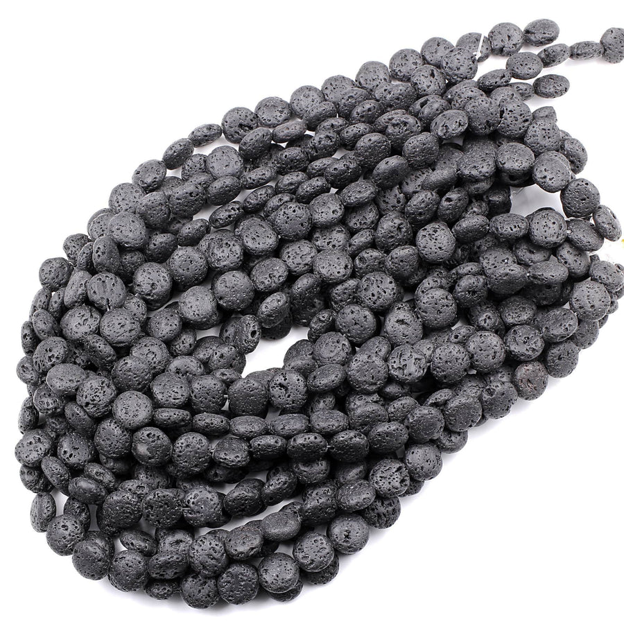 Lava Coin 12mm Beads Smooth Porous Natural Volcanic Black Lava Stone High Quality Organic Essential Oil Beads 15.5" Strand