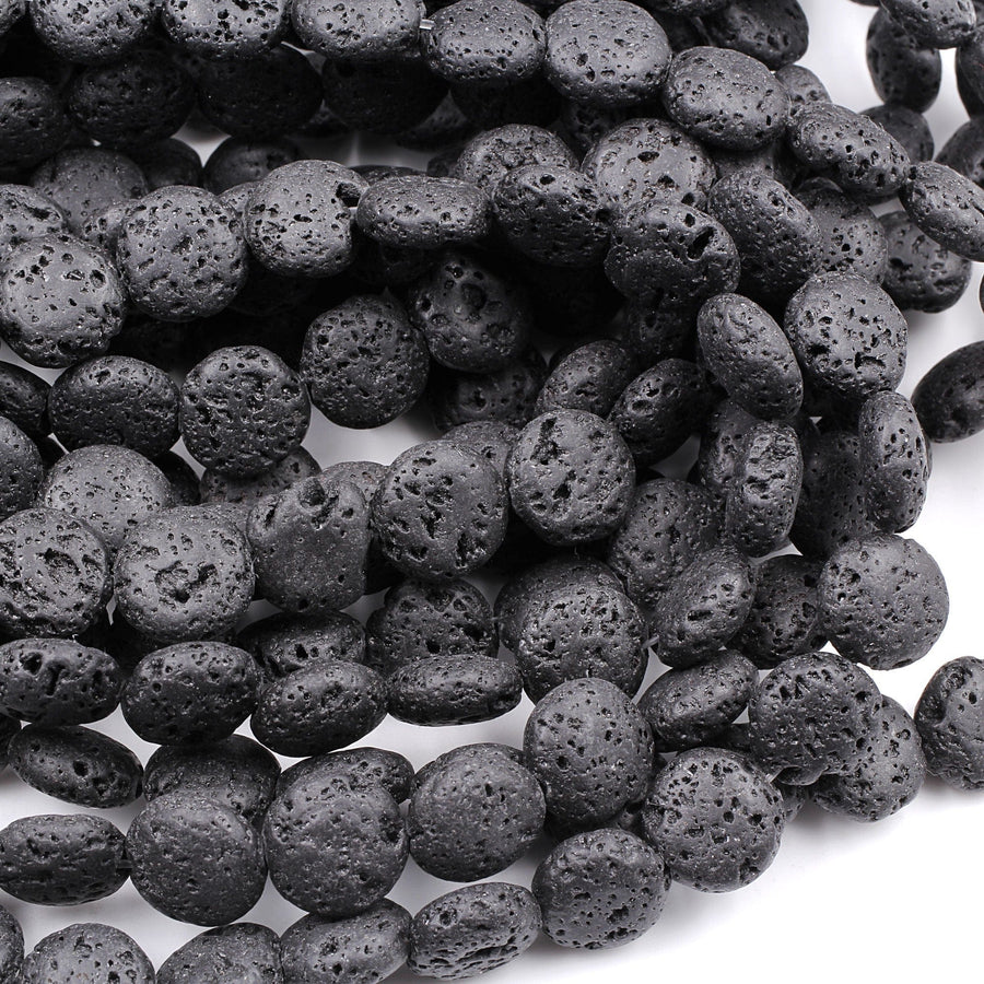 Lava Coin 12mm Beads Smooth Porous Natural Volcanic Black Lava Stone High Quality Organic Essential Oil Beads 15.5" Strand