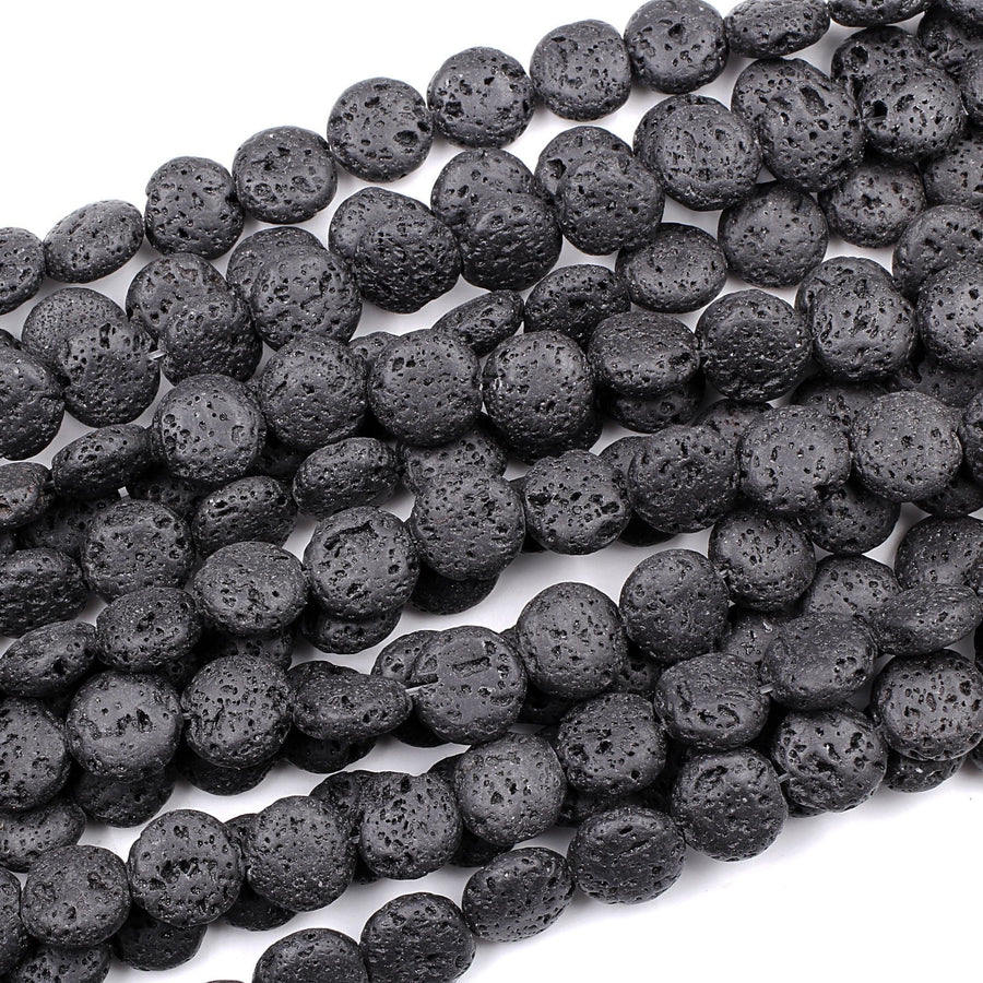 Lava Coin 12mm Beads Smooth Porous Natural Volcanic Black Lava Stone High Quality Organic Essential Oil Beads 15.5" Strand