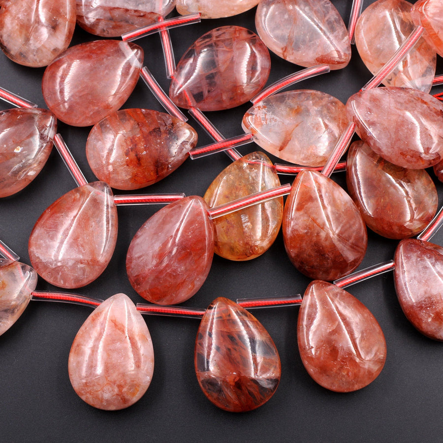 Large Natural Lepidocrocite Quartz Teardrop Beads Stunning Red Gemstone Pendant From Madagascar 16" Strand