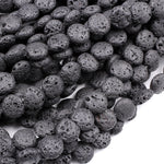 Lava Coin 12mm Beads Smooth Porous Natural Volcanic Black Lava Stone High Quality Organic Essential Oil Beads 15.5" Strand