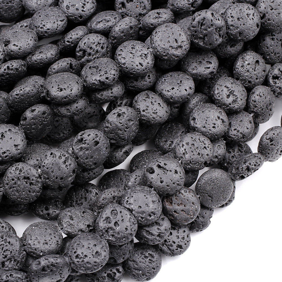 Lava Coin 12mm Beads Smooth Porous Natural Volcanic Black Lava Stone High Quality Organic Essential Oil Beads 15.5" Strand
