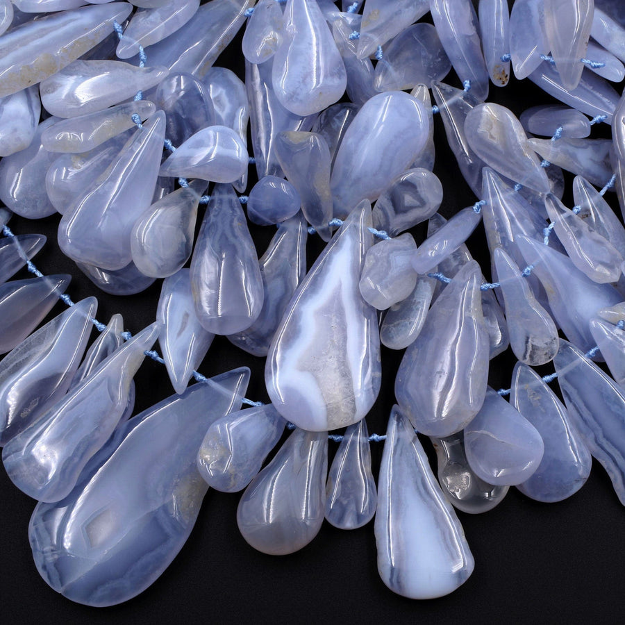Side Drilled Blue Chalcedony Freeform Teardrop Beads Natural Blue Lace Agate 15.5" Strand