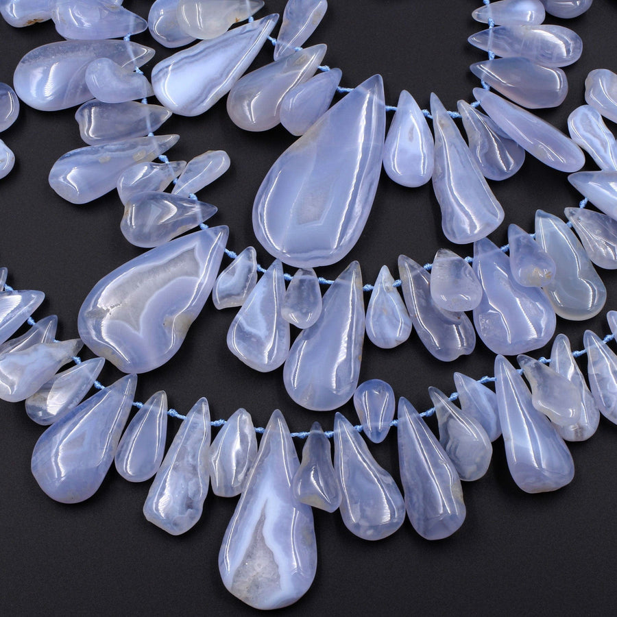 Side Drilled Blue Chalcedony Freeform Teardrop Beads Natural Blue Lace Agate 15.5" Strand