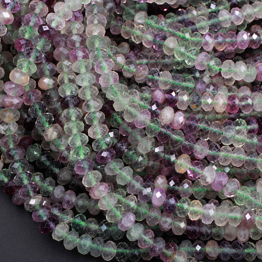 Natural Rainbow Fluorite Faceted Rondelle 6mm Beads Micro Faceted Sofe Purple Green Gemstone 16" Strand