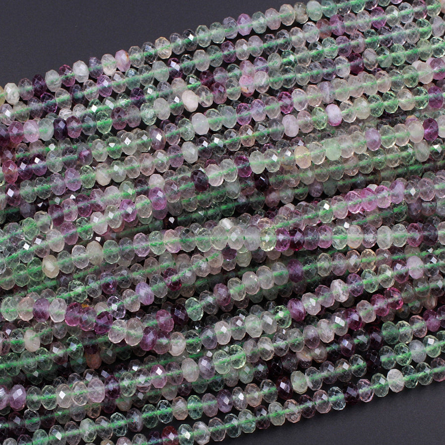 Natural Rainbow Fluorite Faceted Rondelle 6mm Beads Micro Faceted Sofe Purple Green Gemstone 16" Strand