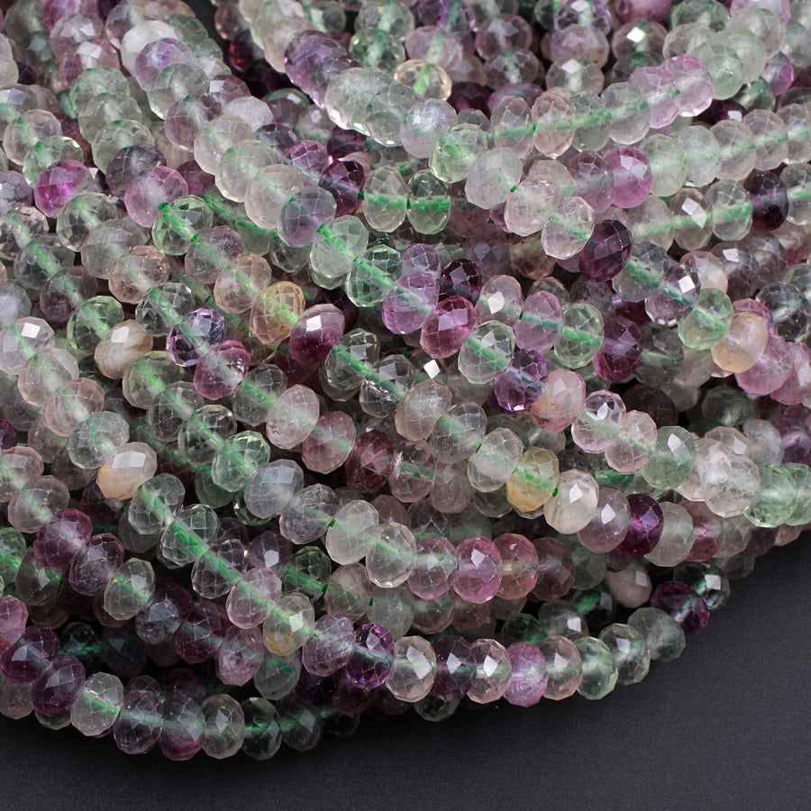 Natural Rainbow Fluorite Faceted Rondelle 6mm Beads Micro Faceted Sofe Purple Green Gemstone 16" Strand
