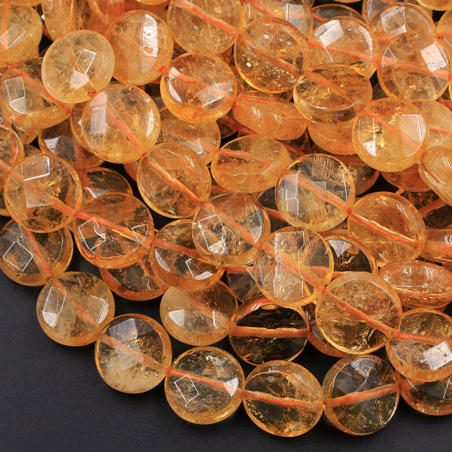 Natural Citrine Faceted Coin 8mm 9mm 10mm 12mm 14mm 16mm Beads 15.5" Strand