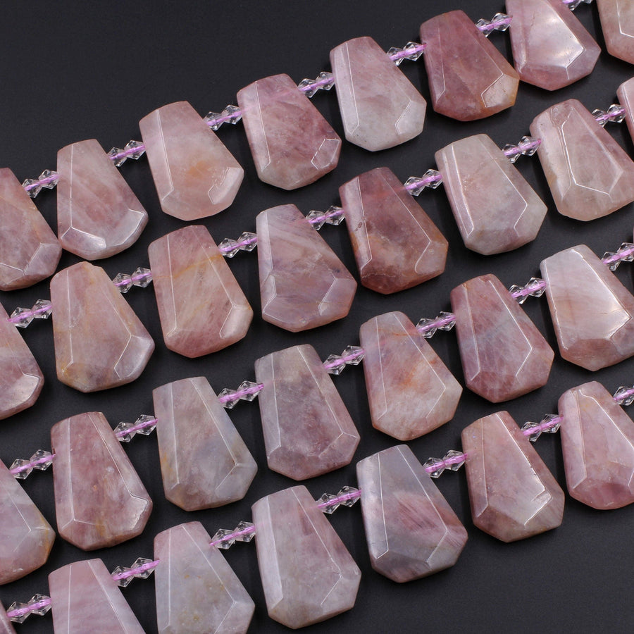 Natural Mauve Pink Rose Quartz Beads From Madagascar Faceted Trapezoid Tapered Teardrop Top Side Drilled Flat Slice Pendant 16" Strand