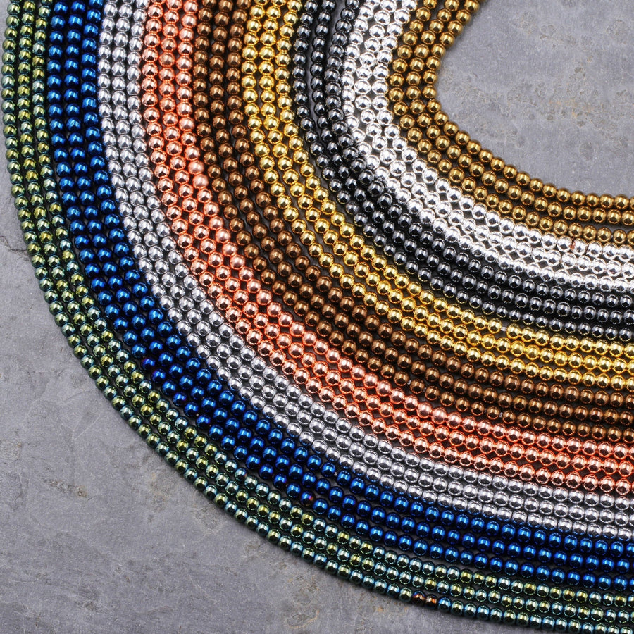 2mm Hematite Round Beads Metallic Titanium Shiny Silver Gold Blue Bronze Green Rose Gold Gunmetal Rhodium Black Beads 15.5" Strand