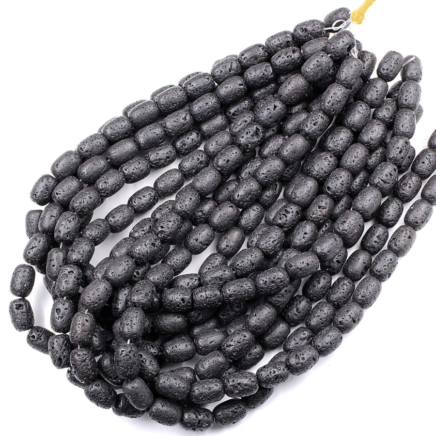 Natural Black Lava Barrel Drum Beads High Quality Essential Oil Beads 15.5" Strand