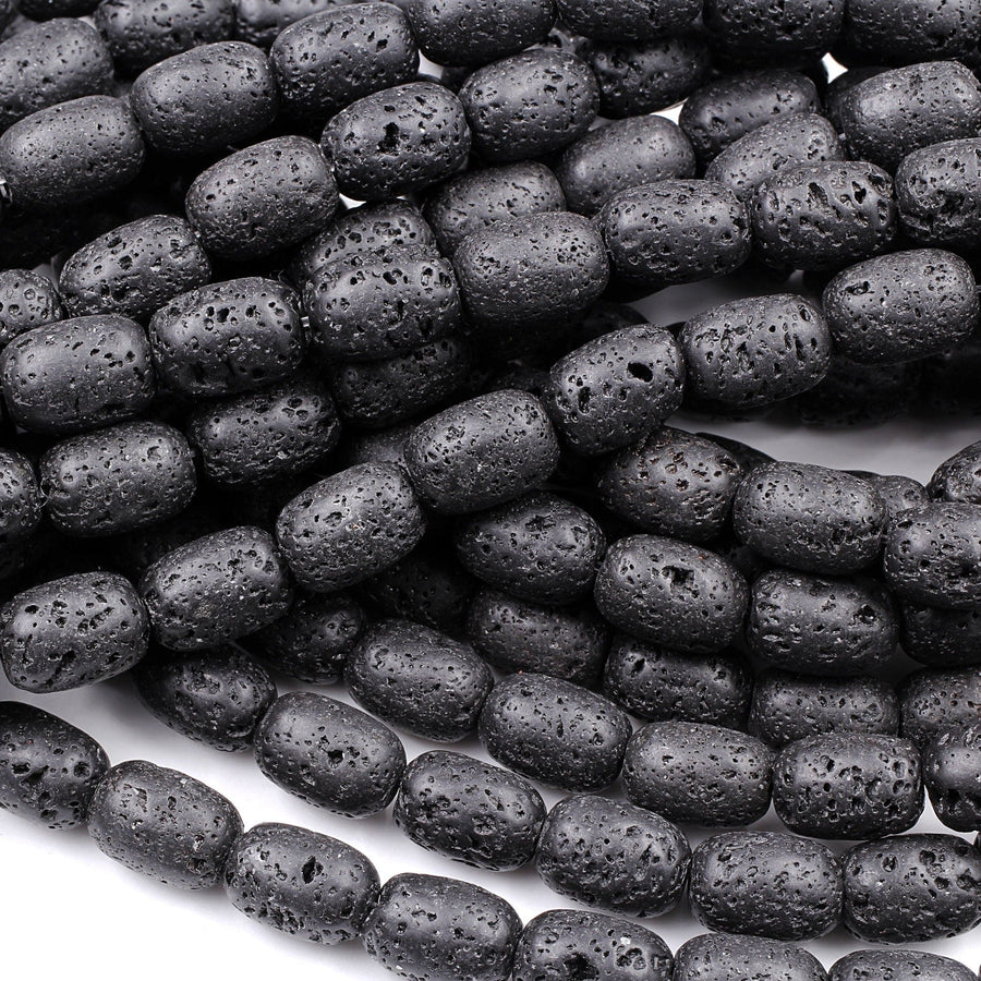 Natural Black Lava Barrel Drum Beads High Quality Essential Oil Beads 15.5" Strand