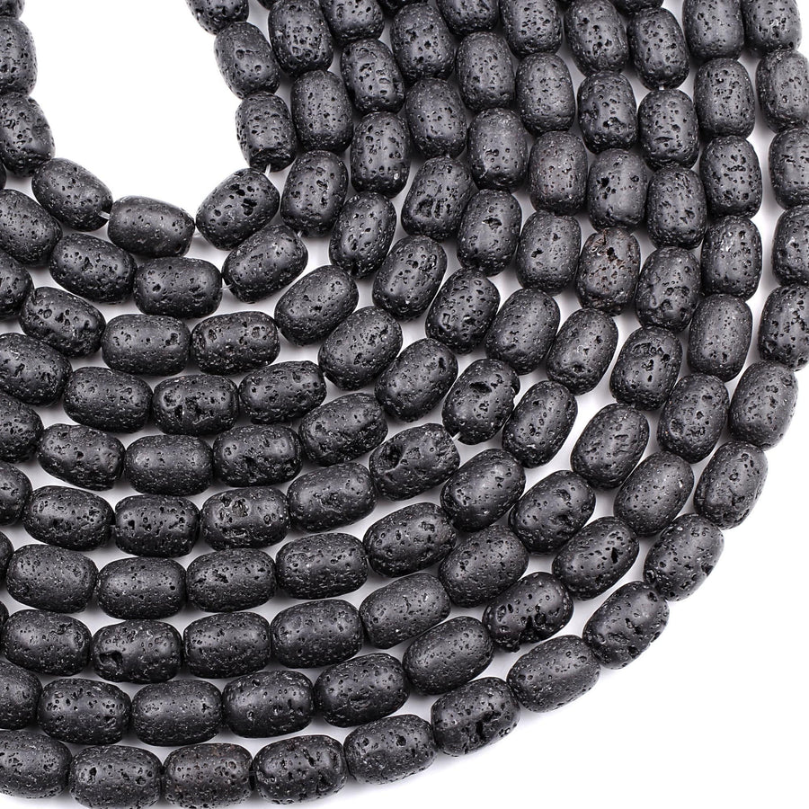 Natural Black Lava Barrel Drum Beads High Quality Essential Oil Beads 15.5" Strand