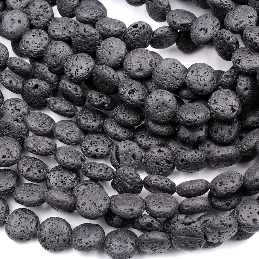Lava Coin 12mm Beads Smooth Porous Natural Volcanic Black Lava Stone High Quality Organic Essential Oil Beads 15.5" Strand