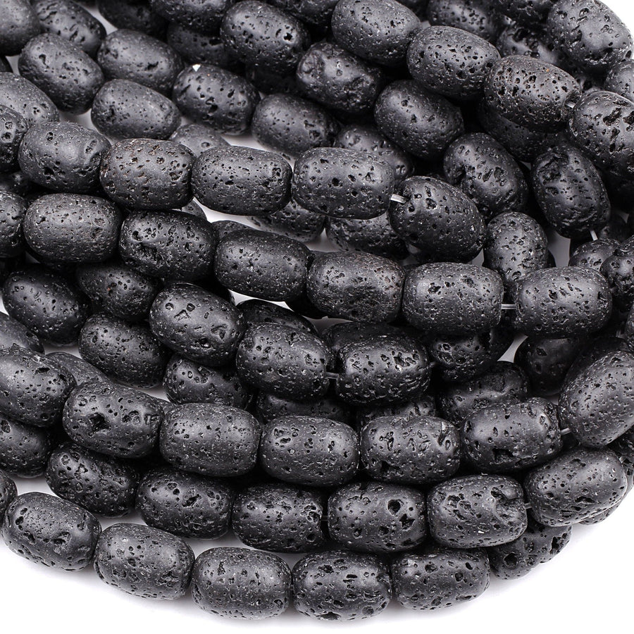 Natural Black Lava Barrel Drum Beads High Quality Essential Oil Beads 15.5" Strand