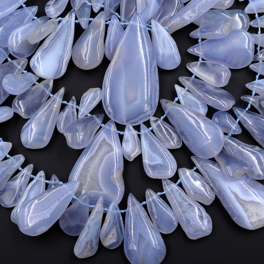 Side Drilled Blue Chalcedony Freeform Teardrop Beads Natural Blue Lace Agate 15.5" Strand