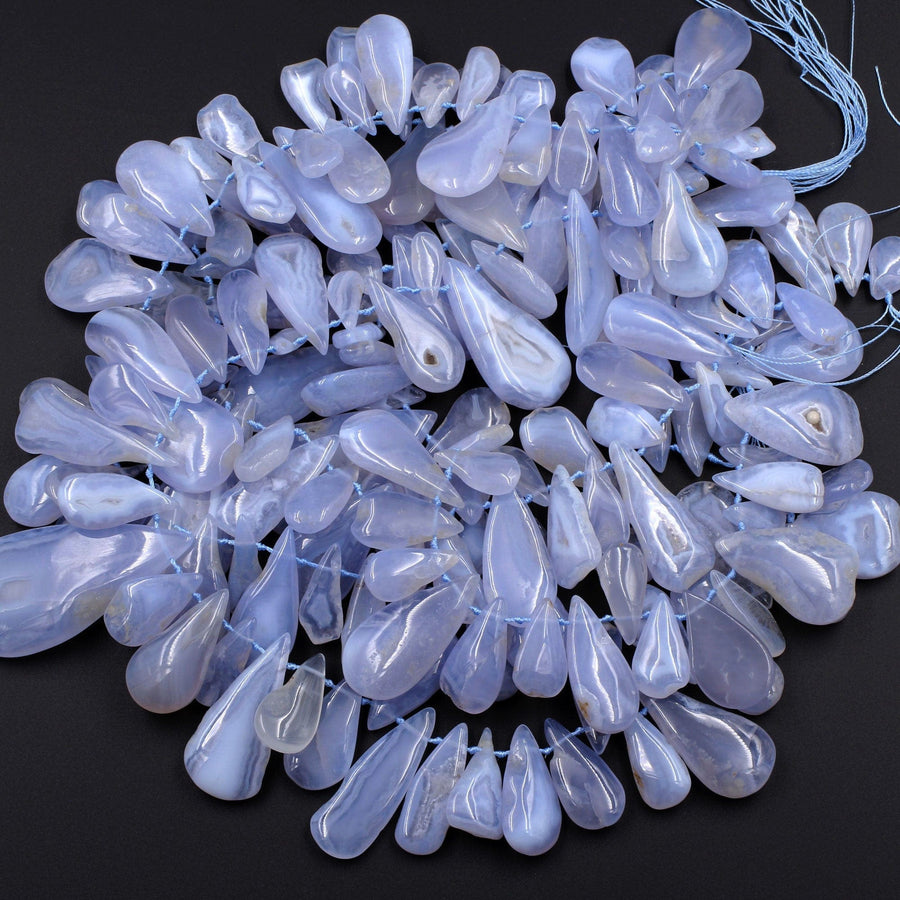Side Drilled Blue Chalcedony Freeform Teardrop Beads Natural Blue Lace Agate 15.5" Strand
