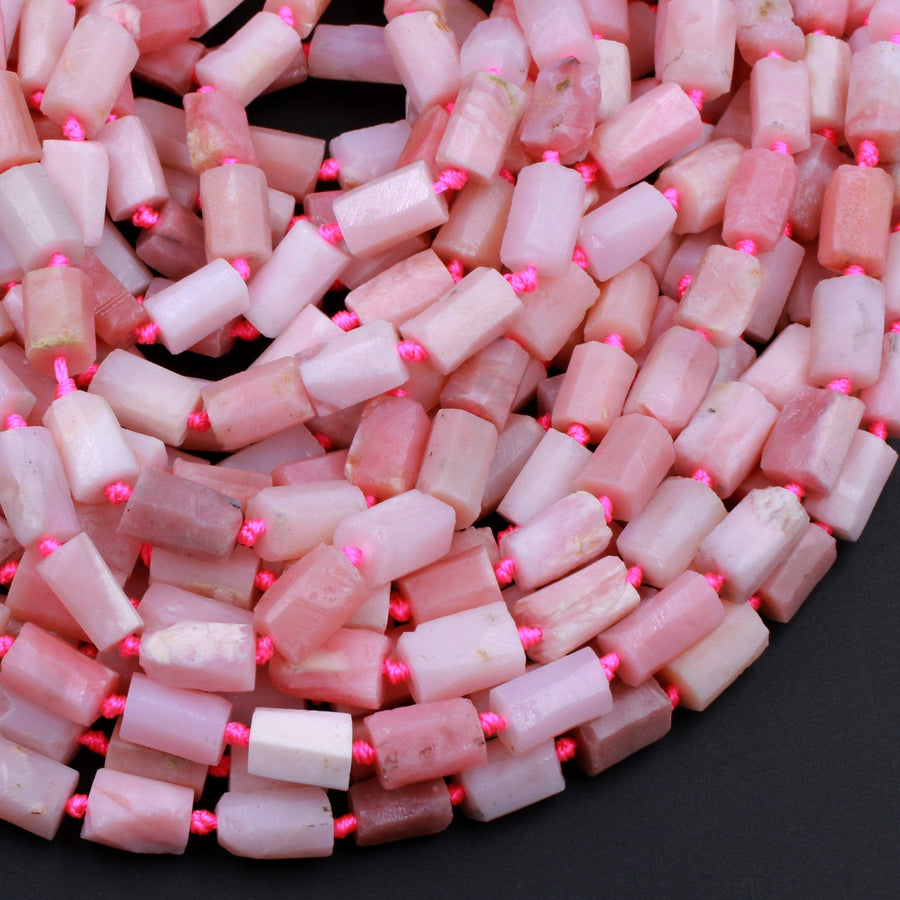 Matte Natural Peruvian Pink Opal Faceted Cylinder Tube Rectangle Nugget Beads 16" Strand