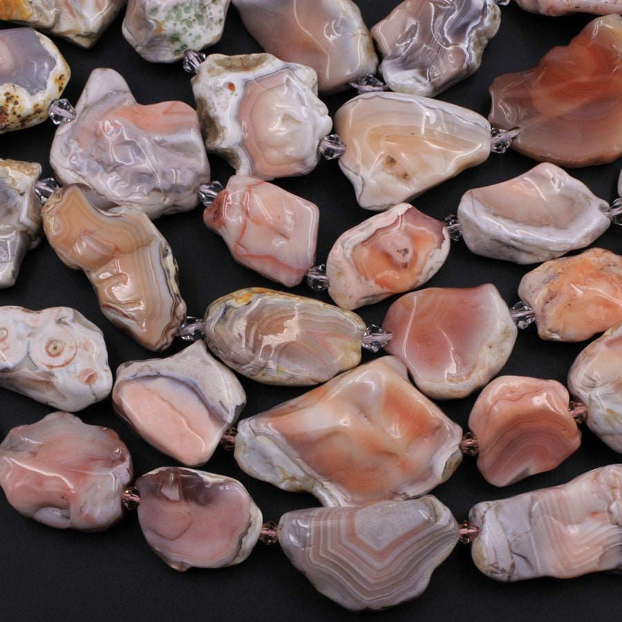 Rare Natural Pink Botswana Agate Beads Graduated Large Slice Slab Focal Pendant Freeform Unique Organic Irregular Geode Shape 16" Strand