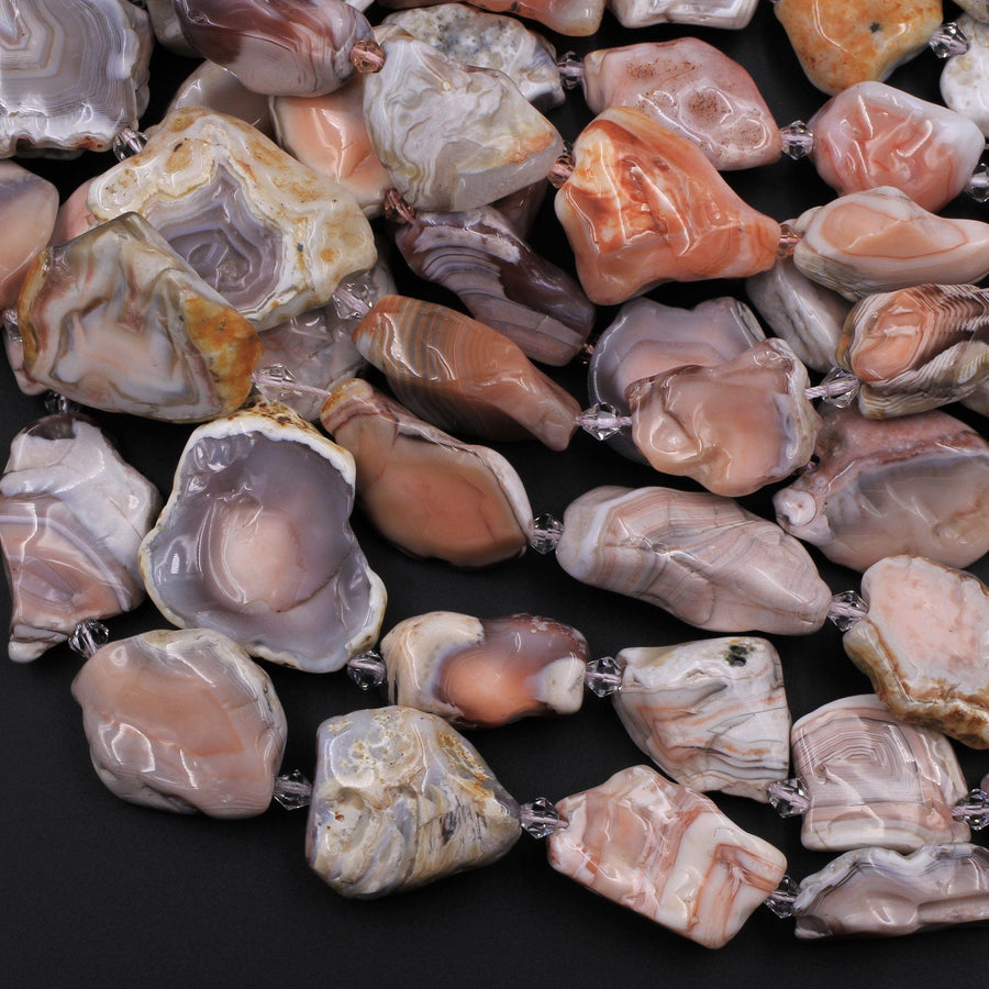 Rare Natural Pink Botswana Agate Beads Graduated Large Slice Slab Focal Pendant Freeform Unique Organic Irregular Geode Shape 16" Strand