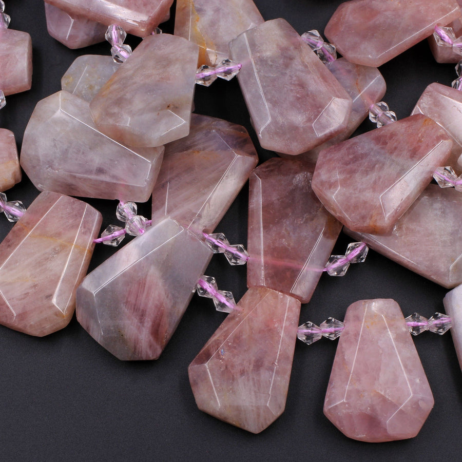 Natural Mauve Pink Rose Quartz Beads From Madagascar Faceted Trapezoid Tapered Teardrop Top Side Drilled Flat Slice Pendant 16" Strand