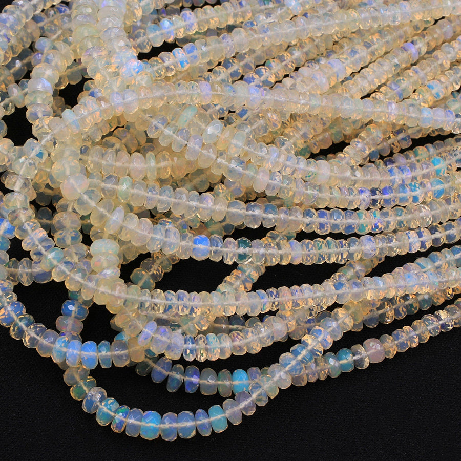 AAA White Ethiopian Opal Faceted Rondelle Beads Graduating 3mm 6mm Super Flashy Fiery Rainbow 16" Strand