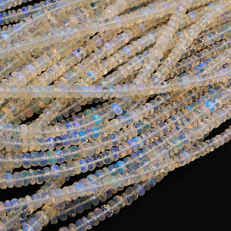 AAA White Ethiopian Opal Faceted Rondelle Beads Graduating 3mm 6mm Super Flashy Fiery Rainbow 16" Strand