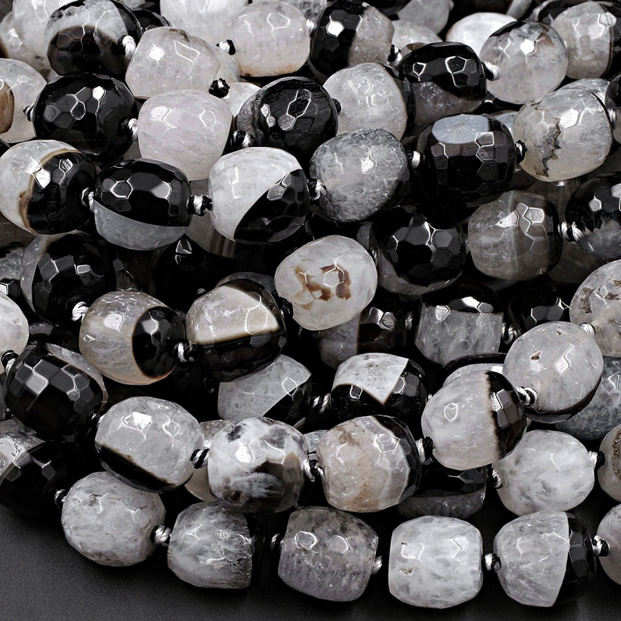 Faceted Natural Agate Barrel Drum Cylinder Beads 12mm 14mm Polished High Quality Gemmy Black White Quartz Stripe Beads 16" Strand