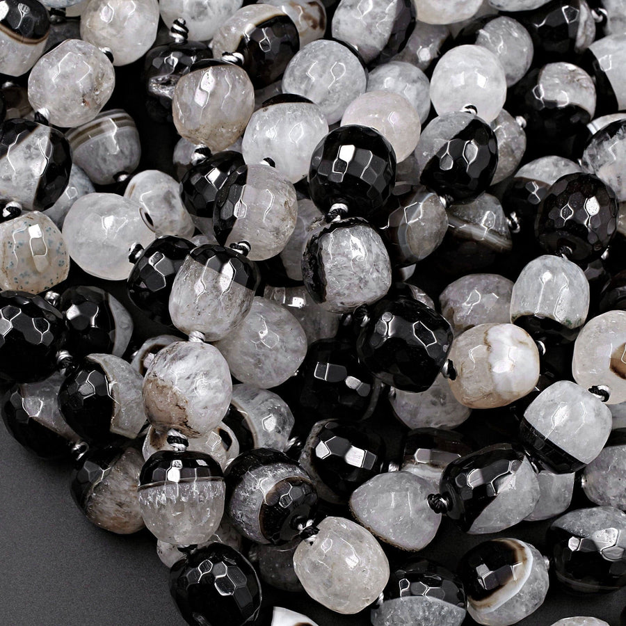 Faceted Natural Agate Barrel Drum Cylinder Beads 12mm 14mm Polished High Quality Gemmy Black White Quartz Stripe Beads 16" Strand