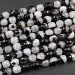 Faceted Natural Agate Barrel Drum Cylinder Beads 12mm 14mm Polished High Quality Gemmy Black White Quartz Stripe Beads 16" Strand
