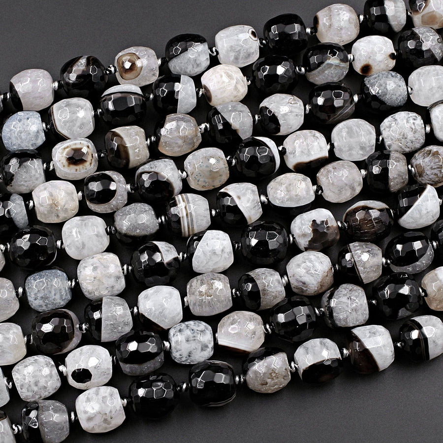 Faceted Natural Agate Barrel Drum Cylinder Beads 12mm 14mm Polished High Quality Gemmy Black White Quartz Stripe Beads 16" Strand
