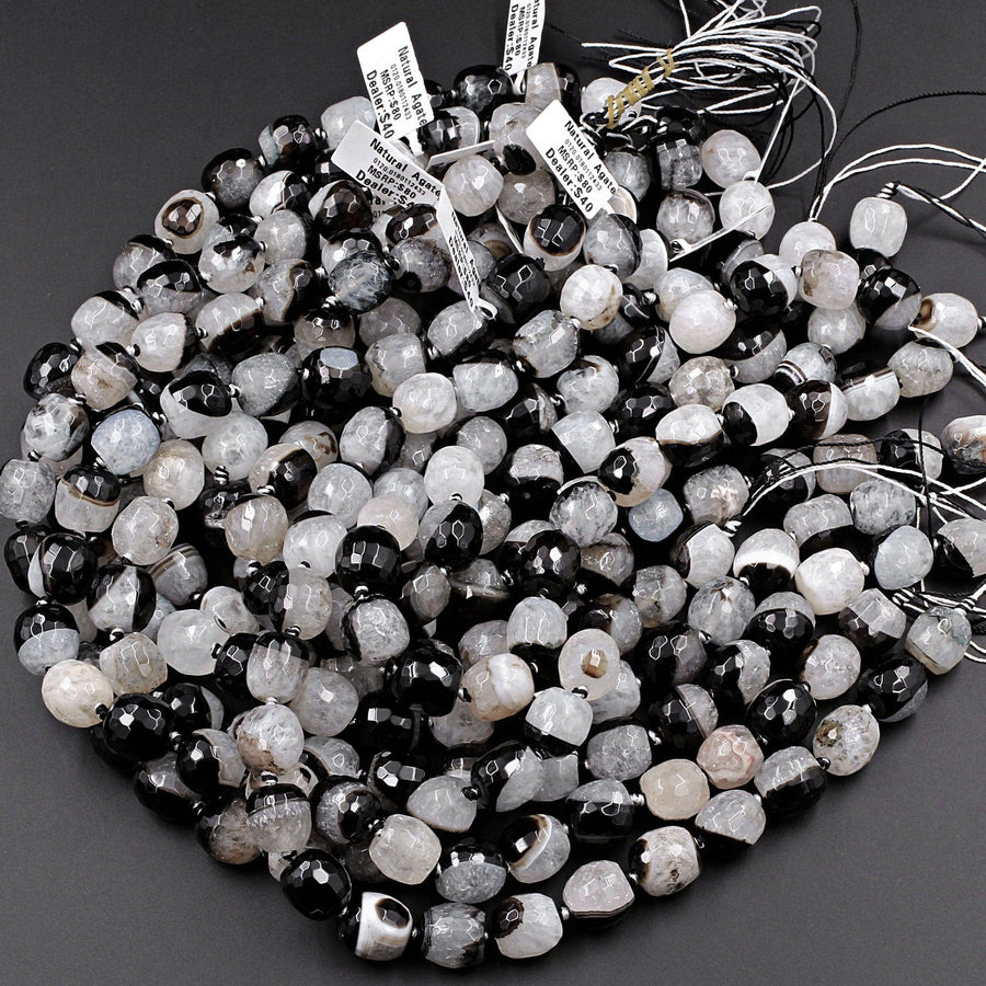 Faceted Natural Agate Barrel Drum Cylinder Beads 12mm 14mm Polished High Quality Gemmy Black White Quartz Stripe Beads 16" Strand