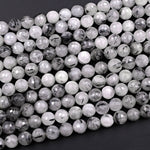 Natural Black Tourmaline Rutilated Rutile Quartz Round Beads 6mm 8mm 10mm 12mm 14mm 16mm Faceted Large Black Quartz Gemstone 16" Strand