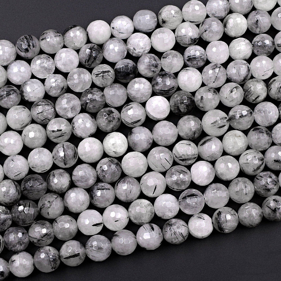 Natural Black Tourmaline Rutilated Rutile Quartz Round Beads 6mm 8mm 10mm 12mm 14mm 16mm Faceted Large Black Quartz Gemstone 16" Strand
