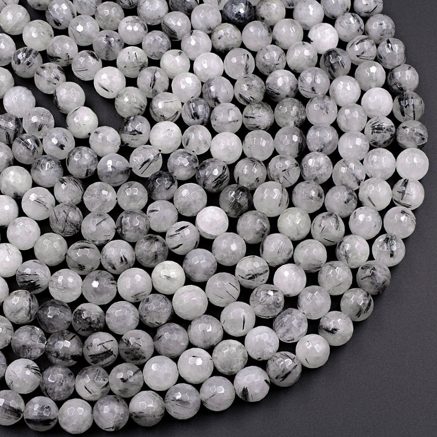 Natural Black Tourmaline Rutilated Rutile Quartz Round Beads 6mm 8mm 10mm 12mm 14mm 16mm Faceted Large Black Quartz Gemstone 16" Strand