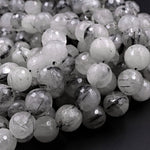 Natural Black Tourmaline Rutilated Rutile Quartz Round Beads 6mm 8mm 10mm 12mm 14mm 16mm Faceted Large Black Quartz Gemstone 16" Strand