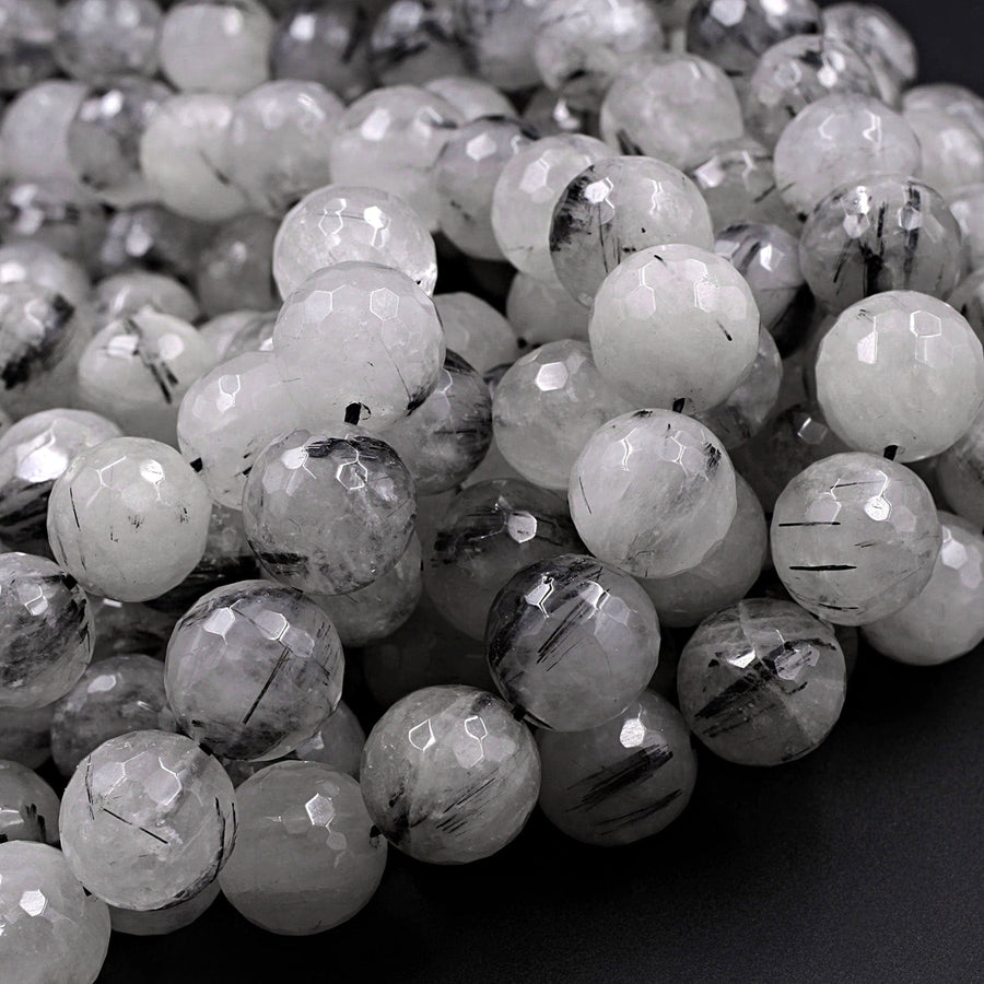 Natural Black Tourmaline Rutilated Rutile Quartz Round Beads 6mm 8mm 10mm 12mm 14mm 16mm Faceted Large Black Quartz Gemstone 16" Strand