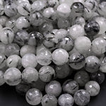 Natural Black Tourmaline Rutilated Rutile Quartz Round Beads 6mm 8mm 10mm 12mm 14mm 16mm Faceted Large Black Quartz Gemstone 16" Strand