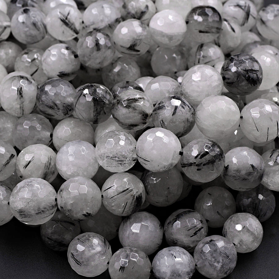 Natural Black Tourmaline Rutilated Rutile Quartz Round Beads 6mm 8mm 10mm 12mm 14mm 16mm Faceted Large Black Quartz Gemstone 16" Strand