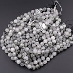 Natural Black Tourmaline Rutilated Rutile Quartz Round Beads 6mm 8mm 10mm 12mm 14mm 16mm Faceted Large Black Quartz Gemstone 16" Strand
