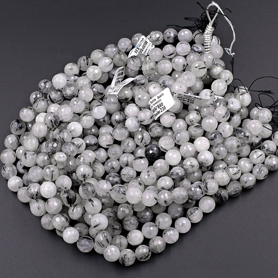 Natural Black Tourmaline Rutilated Rutile Quartz Round Beads 6mm 8mm 10mm 12mm 14mm 16mm Faceted Large Black Quartz Gemstone 16" Strand