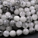 Natural Black Tourmaline Rutilated Rutile Quartz Round Beads 6mm 8mm 10mm 12mm 14mm 16mm Faceted Large Black Quartz Gemstone 16" Strand
