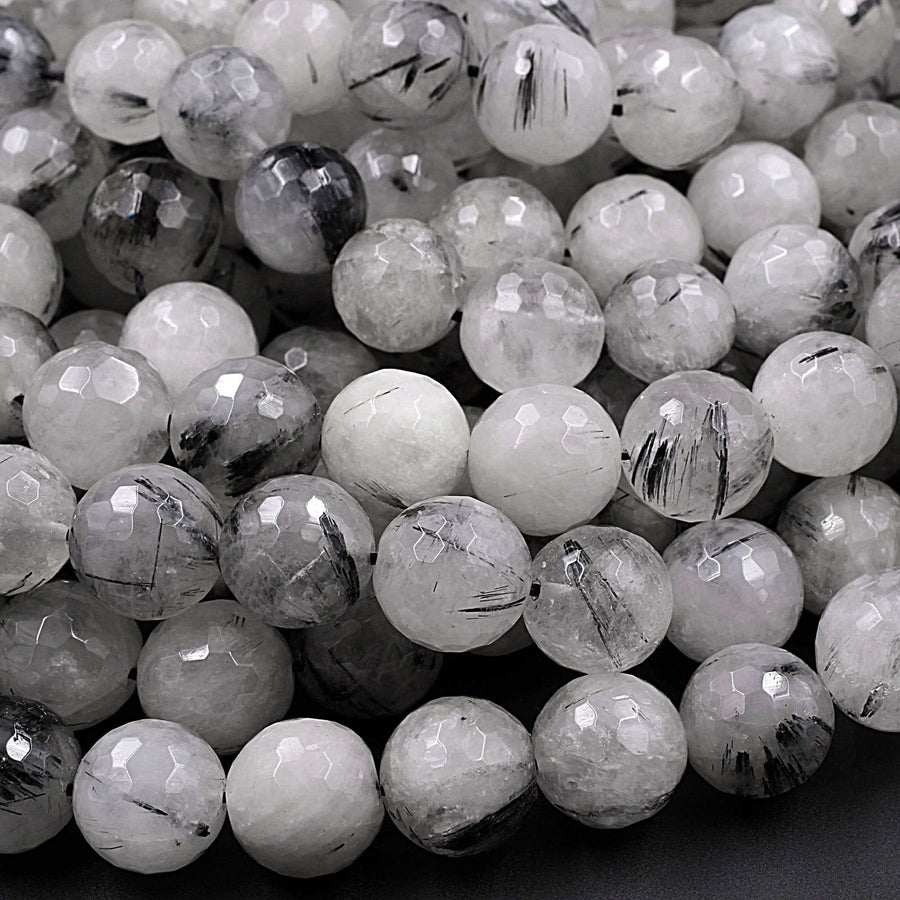 Natural Black Tourmaline Rutilated Rutile Quartz Round Beads 6mm 8mm 10mm 12mm 14mm 16mm Faceted Large Black Quartz Gemstone 16" Strand