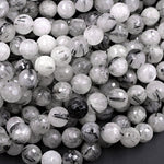 Natural Black Tourmaline Rutilated Rutile Quartz Round Beads 6mm 8mm 10mm 12mm 14mm 16mm Faceted Large Black Quartz Gemstone 16" Strand