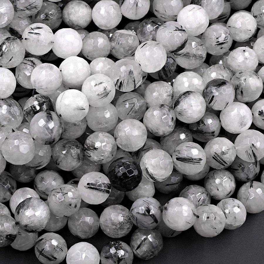 Natural Black Tourmaline Rutilated Rutile Quartz Round Beads 6mm 8mm 10mm 12mm 14mm 16mm Faceted Large Black Quartz Gemstone 16" Strand